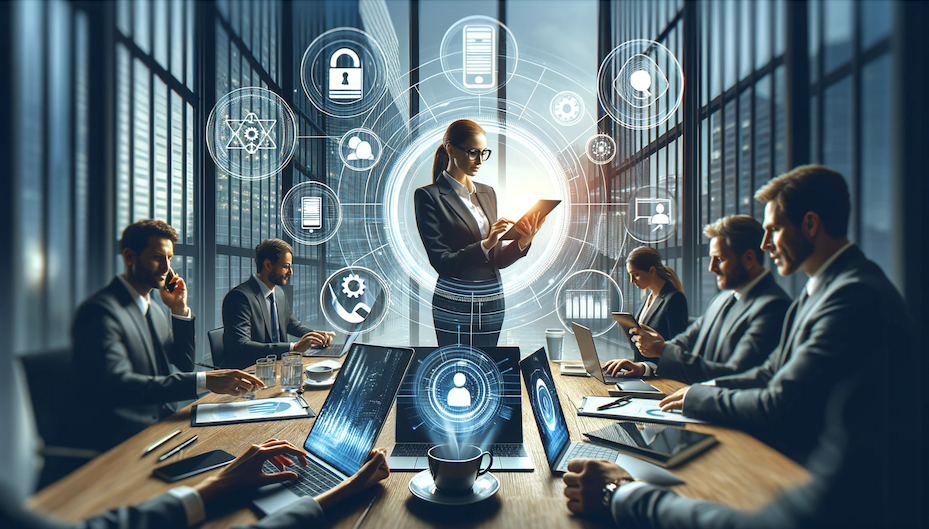Professionals in a contemporary office setting actively using digital devices to integrate phone validator tools into their business operations, highlighting a blend of technology, data security, and efficient communication.