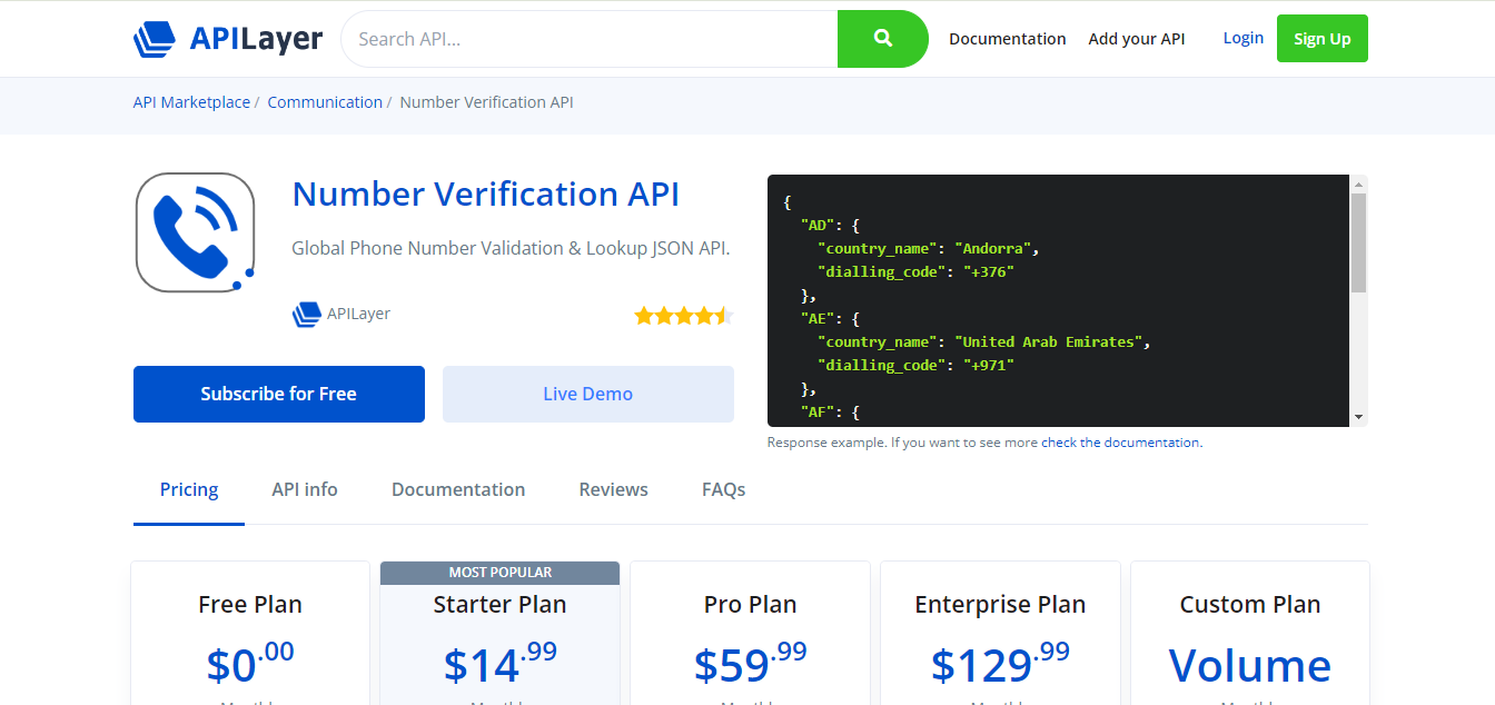 a number verification api on apilayer marketplace