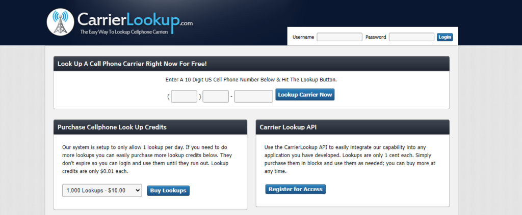 carrier lookup api homepage for phone number varification