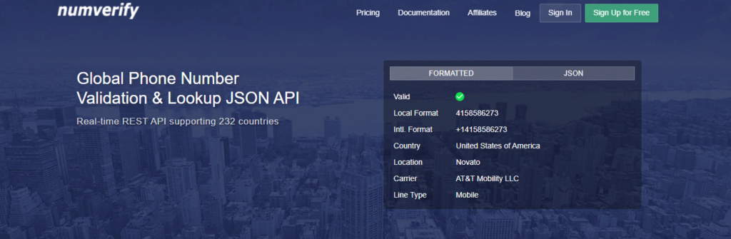 numverify phone number validation api home page