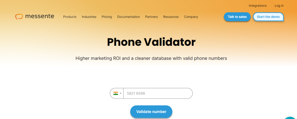 homepage of messente phone validator api