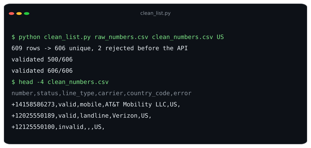 Bulk phone verification script running in the terminal with validation progress and CSV results
