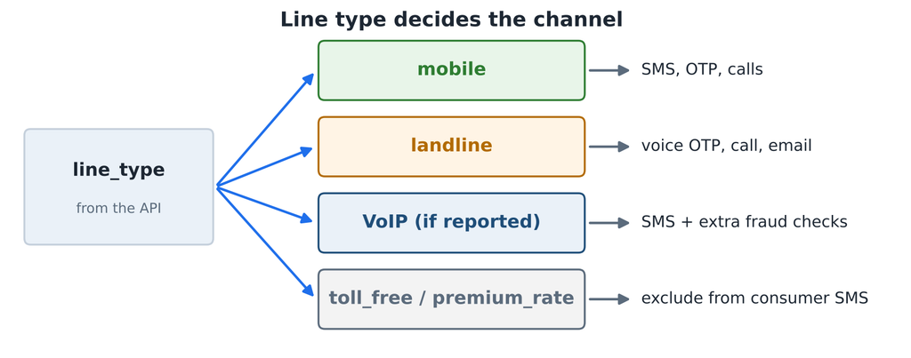 Line type routing diagram showing how mobile, landline, VoIP, toll-free, and premium-rate numbers determine the appropriate communication channel