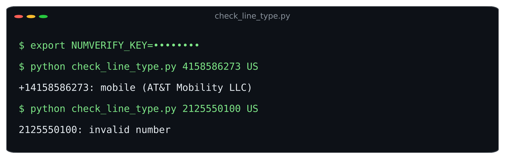 Terminal output showing Numverify phone number validation and line type detection results